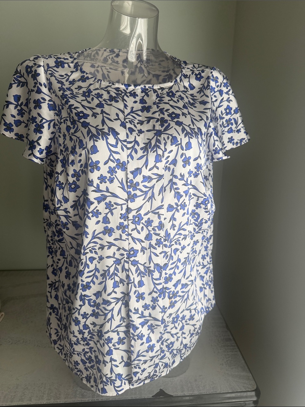 Tahari White Blouse with Blue Floral Print